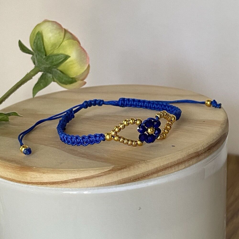 Handmade Blue Macrame Bracelet Gold Beads Flower Adjustable Boho Jewelry Gift - Picture 10 of 12